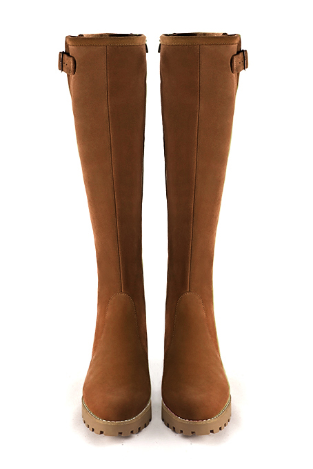 Caramel brown women's knee-high boots with buckles.. Made to measure. Top view - Florence KOOIJMAN